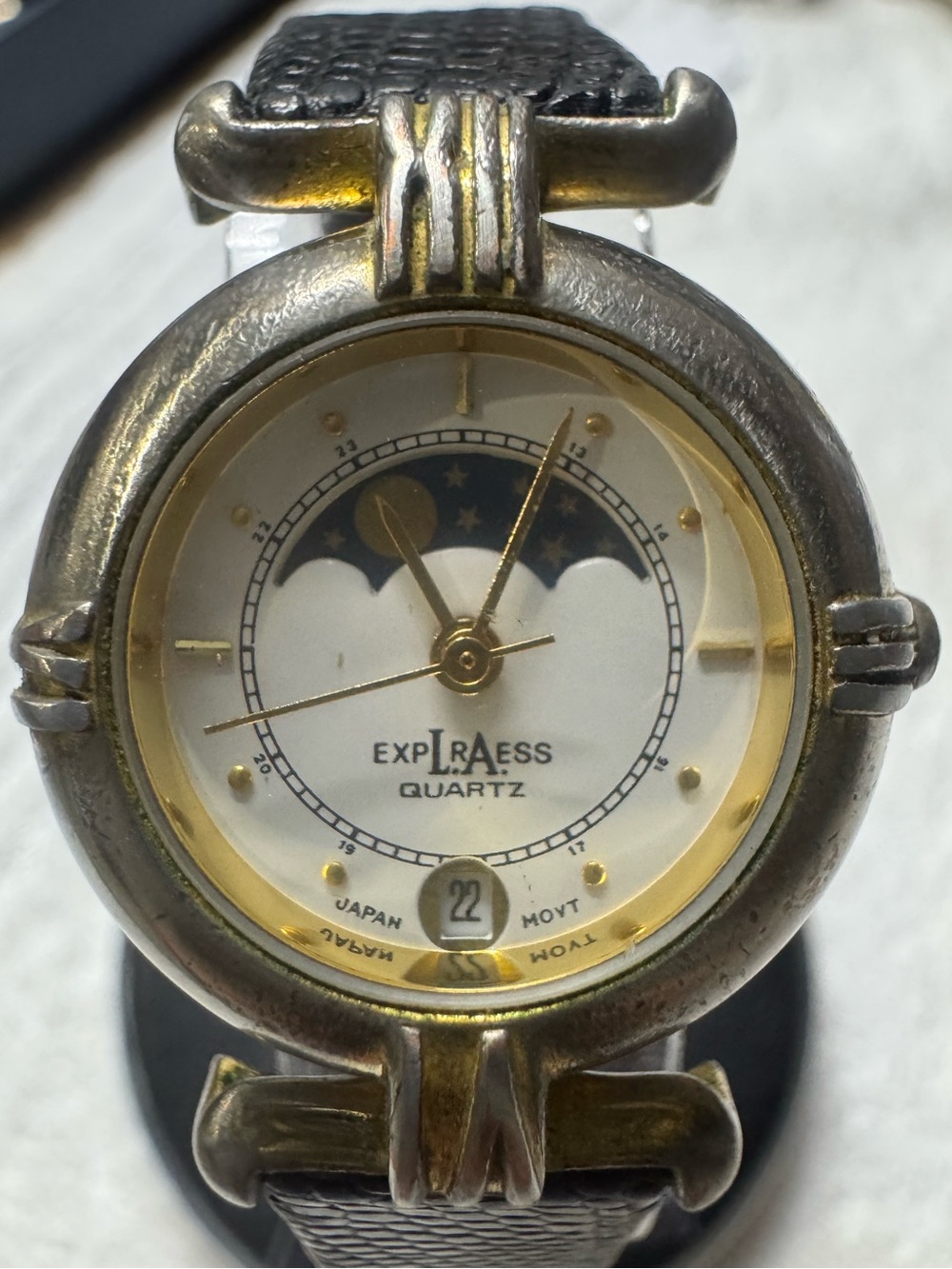Express Gold-Tone Moonphase Dial Watch with Black Strap